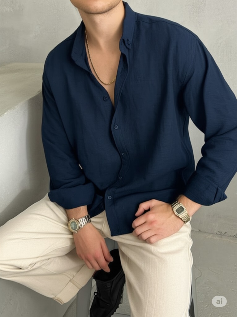 Lacivert Slim Fit Keten Gömlek 
